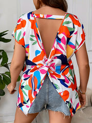  Floral Print Twist Back Bat Sleeve Top