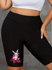  Rabbit & Letter Print High Rise Biker Shorts