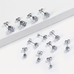 Men's Stainless Steel Claw Stud Earrings with Zircon 3mm 8mm