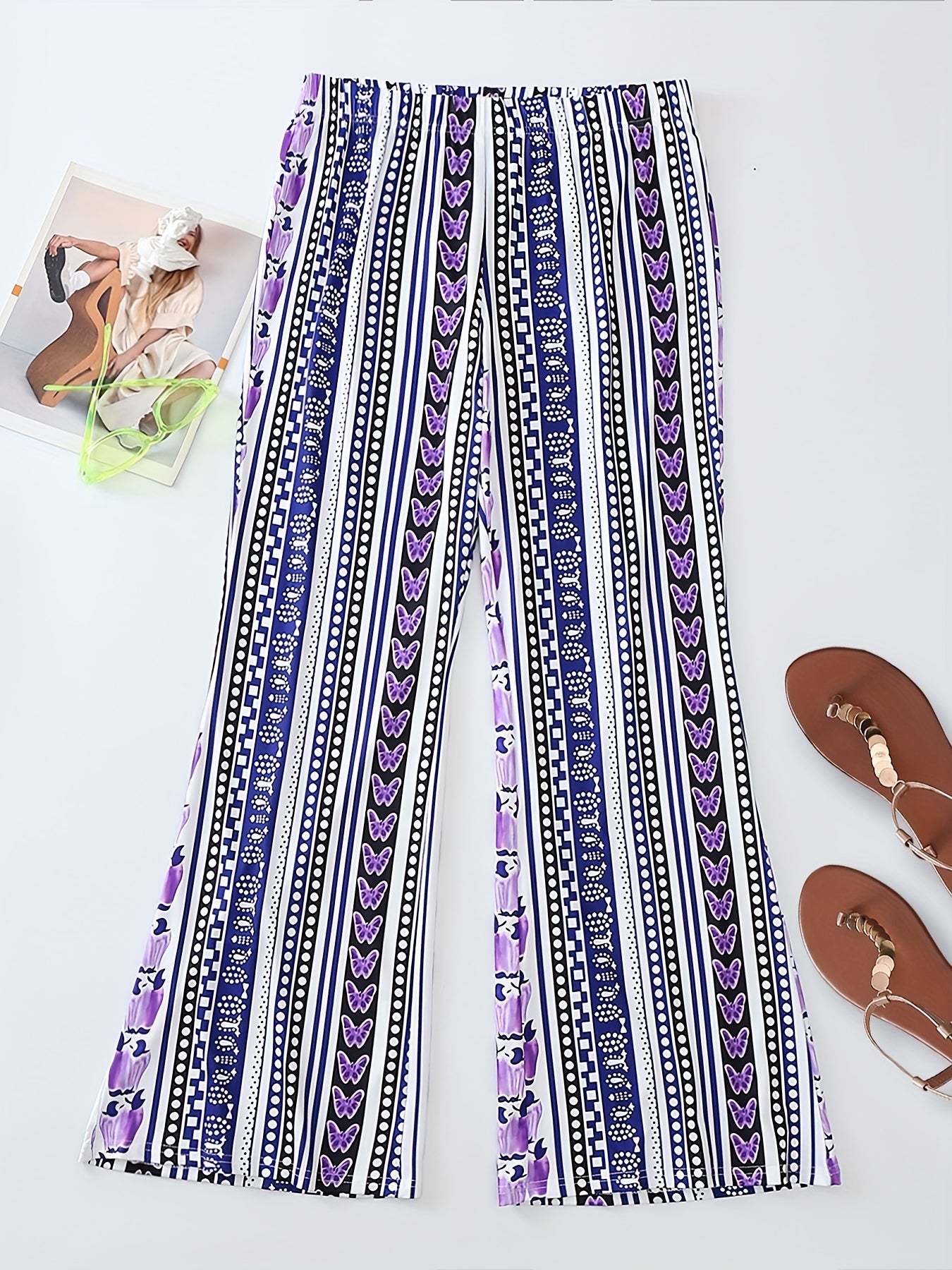  Butterfly & Dot Print High Rise Stretch Pants