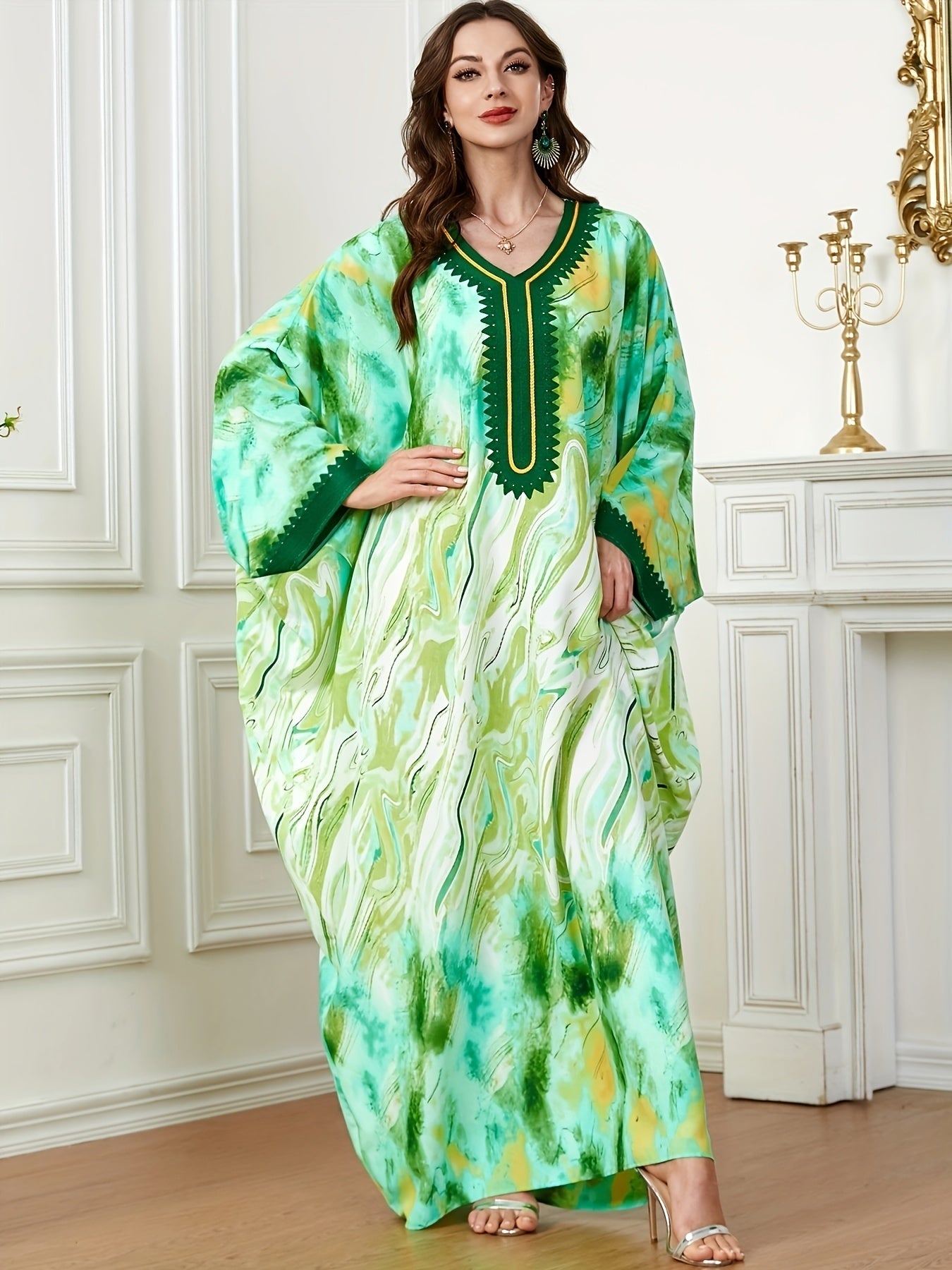  Abaya Dress Women's Plus Tie Dye & Fluid Print Batwing Sleeve V Neck