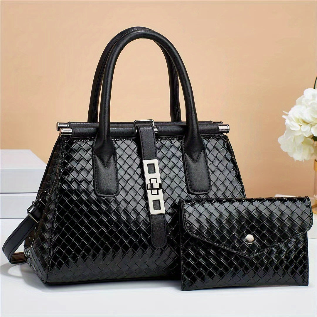 Metallic Woven Tote Bag Set with Clutch Purse for Women