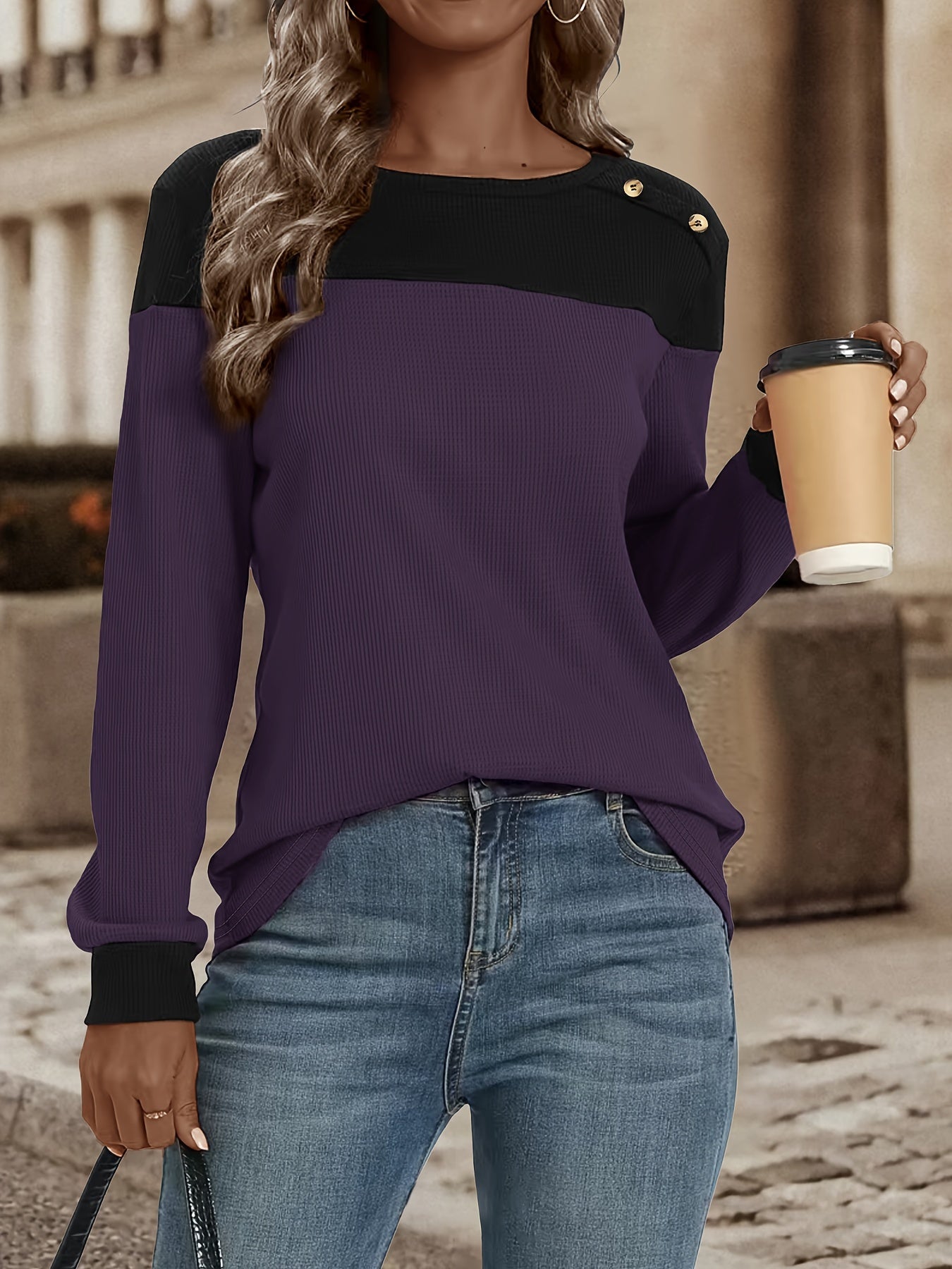  Colorblock Knit Top Long Sleeve Button Decor Crew Neck Waffle