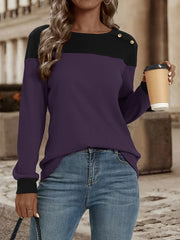  Colorblock Knit Top Long Sleeve Button Decor Crew Neck Waffle