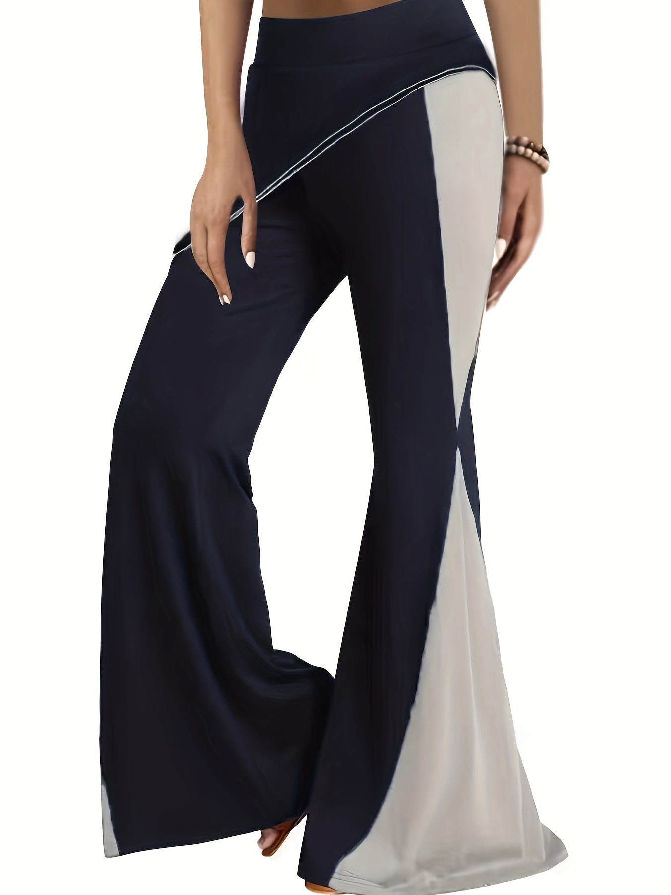  Colorblock Flared Leg Trousers High Rise Medium Stretch Casual Pants