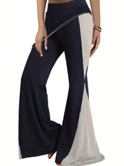  Colorblock Flared Leg Trousers High Rise Medium Stretch Casual Pants