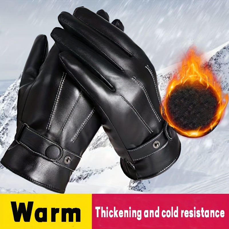 Winter Thick PU Leather Gloves For Men - Cycling Skiing Warm Glove