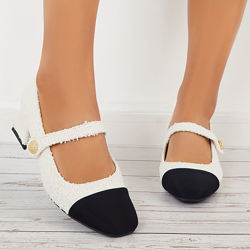 Women's Tweed Low Heel Mary Jane Colorblock Chunky Heels