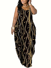  Women's Chain Print V Neck Stretch Maxi Dress