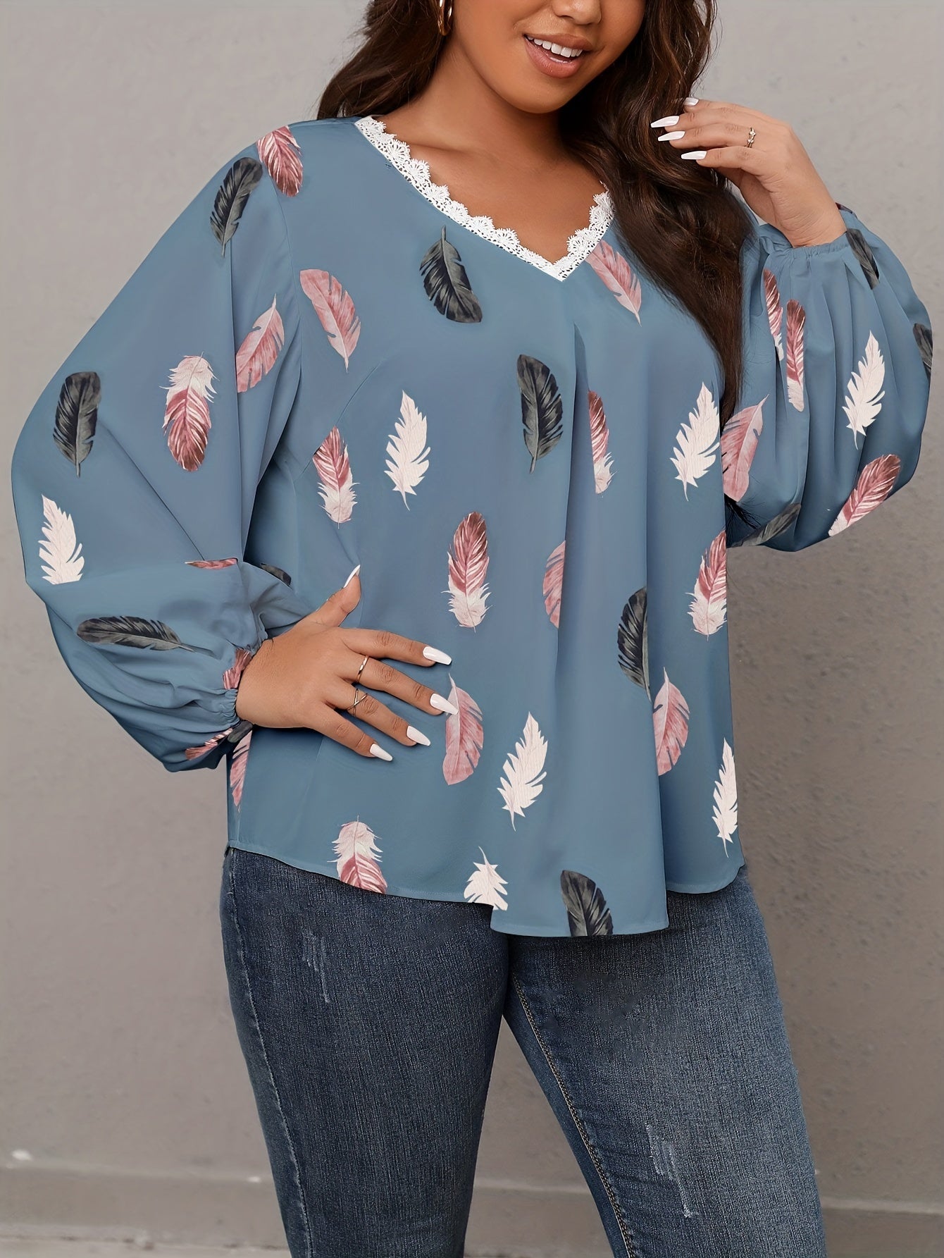  Feather Print Lace Trim V Neck Top