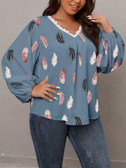  Feather Print Lace Trim V Neck Top