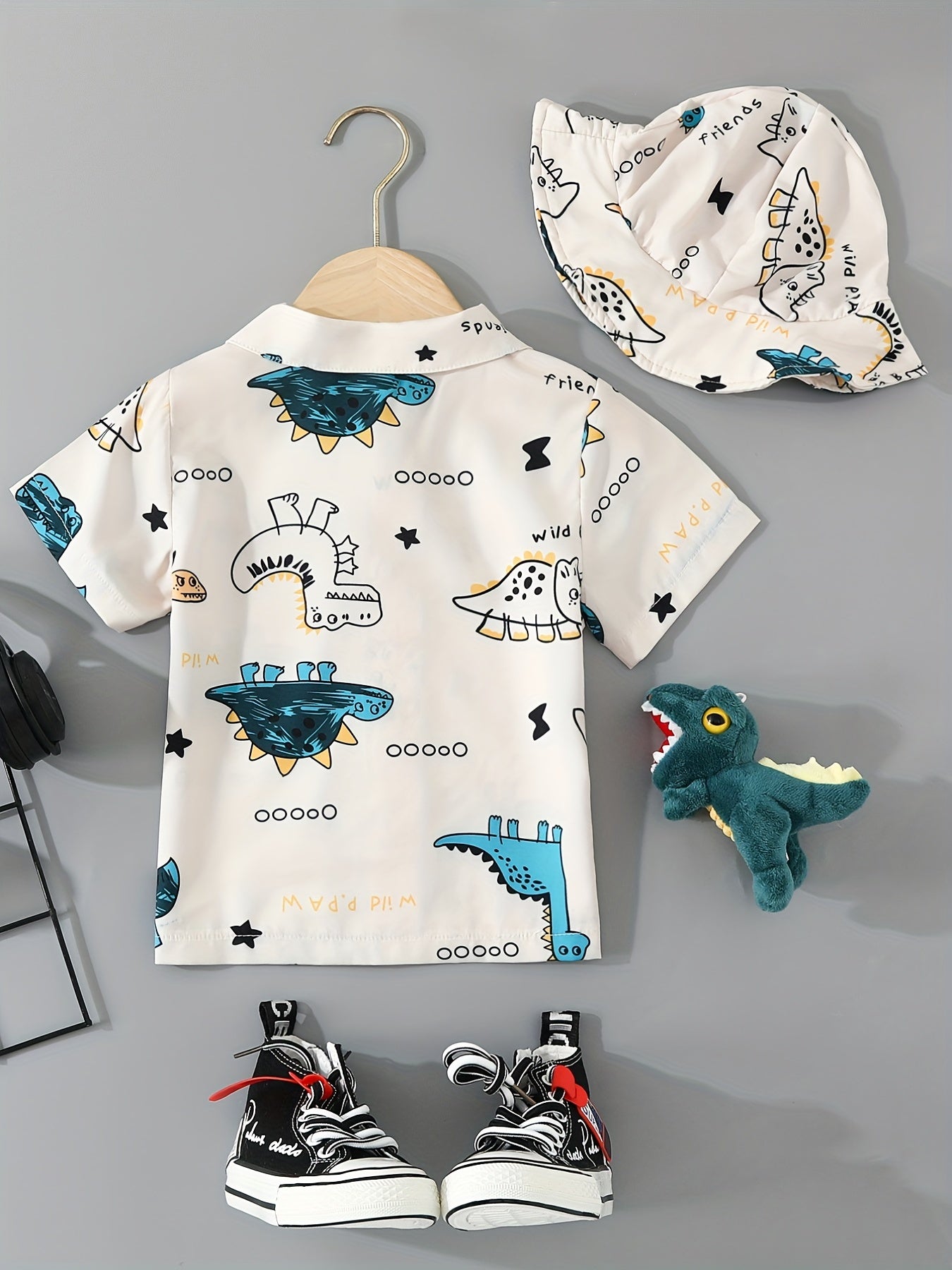 2pcs Boys Teen Dinosaur Short Sleeve Shirt & Hat Set Clothes For Summer