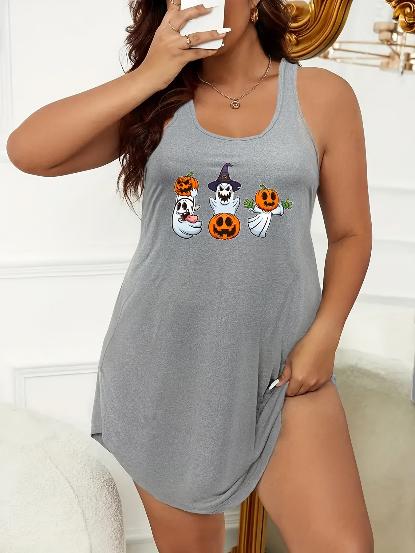  Halloween Nightdress Women's Ghost Print Tank Sleep Dress