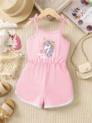 Girls Unicorn Print Bow Straps Cami Jumpsuit Kids Summer Clothes