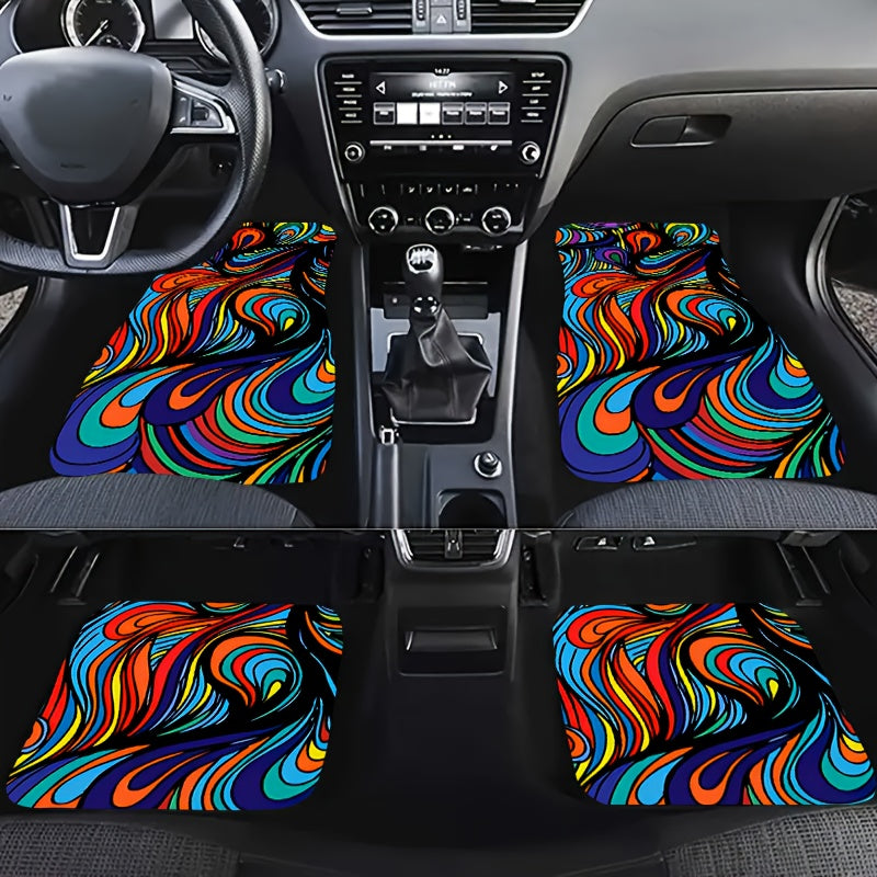 4pcs Colorful Printed Car Floor Mats, Water Absorbent & Stain Resistant