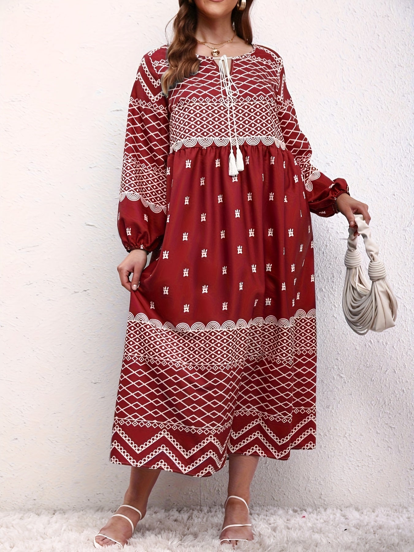  Boho Dress Women's Lantern Sleeve Keyhole Tie Dress