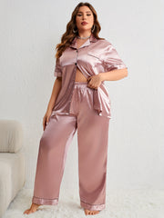  Button Up Satin Pajama Set Short Sleeve Shirt & Pants Two Piece
