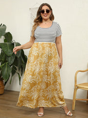  Women's Stripe & Tropical Print Round Neck Dress