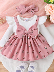 2pcs Floral Print Big Bow Baby Girl Dress With Headband Set