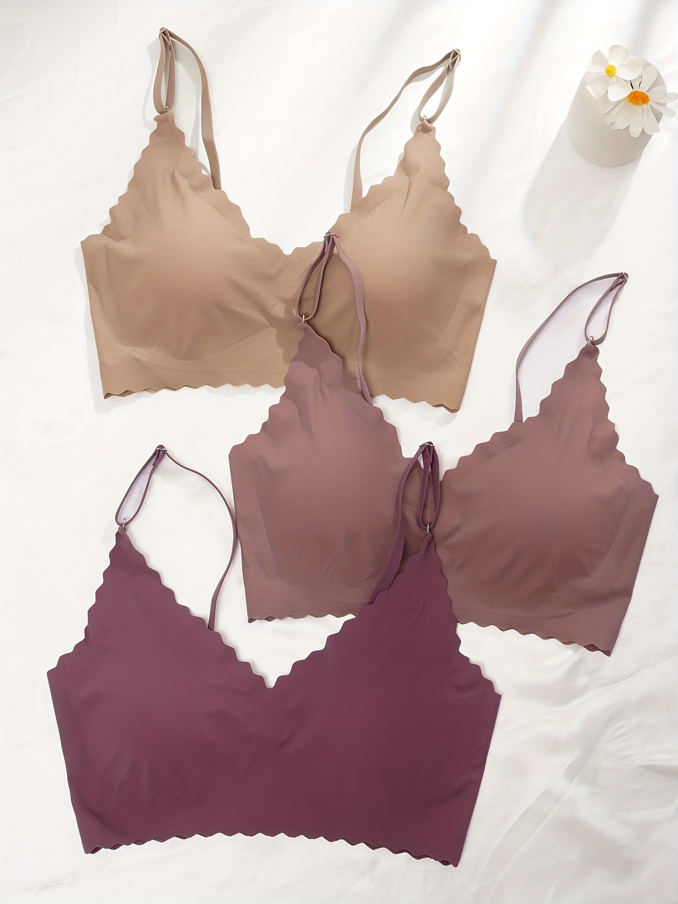 3pcs Wavy Trim Seamless Bralettes Wireless Intimates Bras