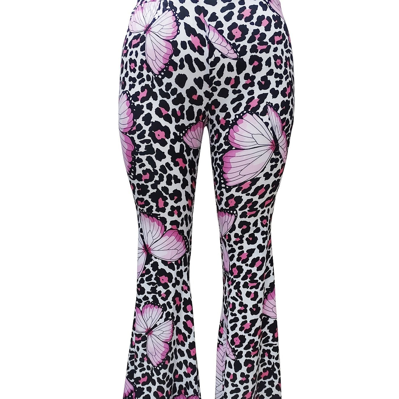 Butterfly & Leopard Print High Rise Flare Leg Pants