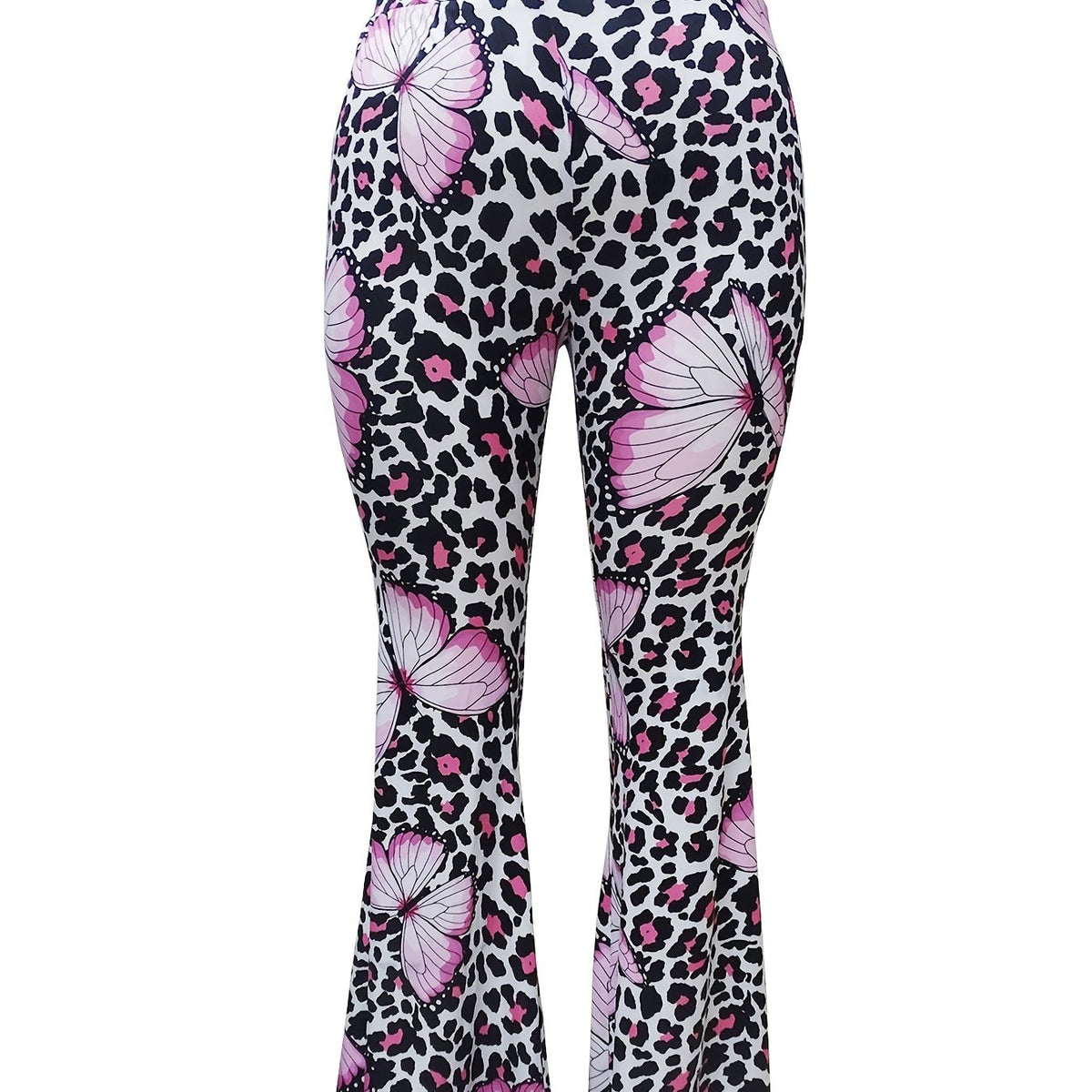 Butterfly & Leopard Print High Rise Flare Leg Pants