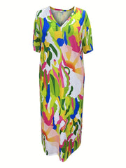 Plus Size Casual Dress Women's Plus Allover Print Bat Sleeve V Neck Maxi Dress