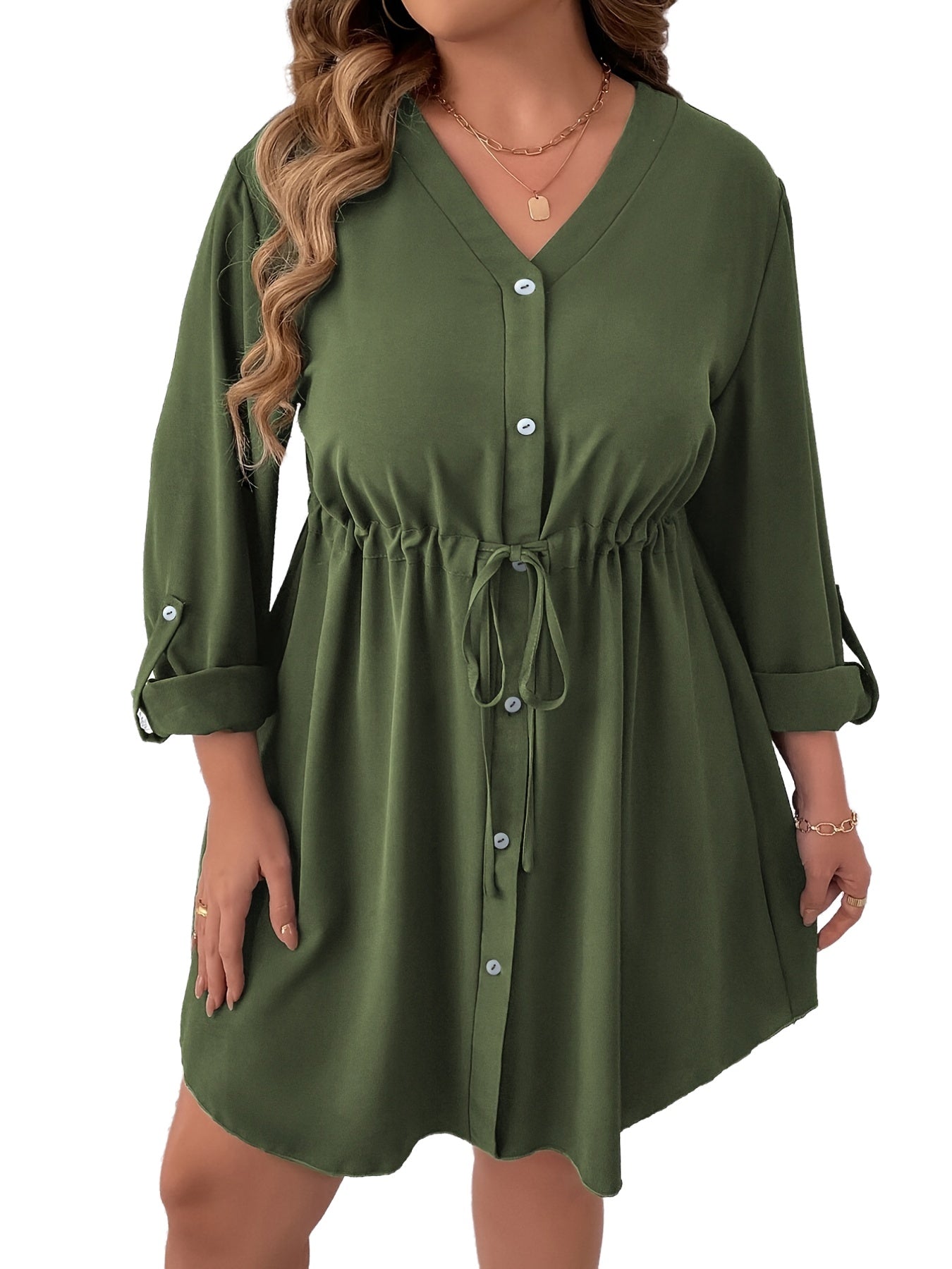  Button Front Long Sleeve Midi Dress Women's Plus