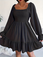  Solid Ruffle Sleeve Square Neck A Line Mini Dress