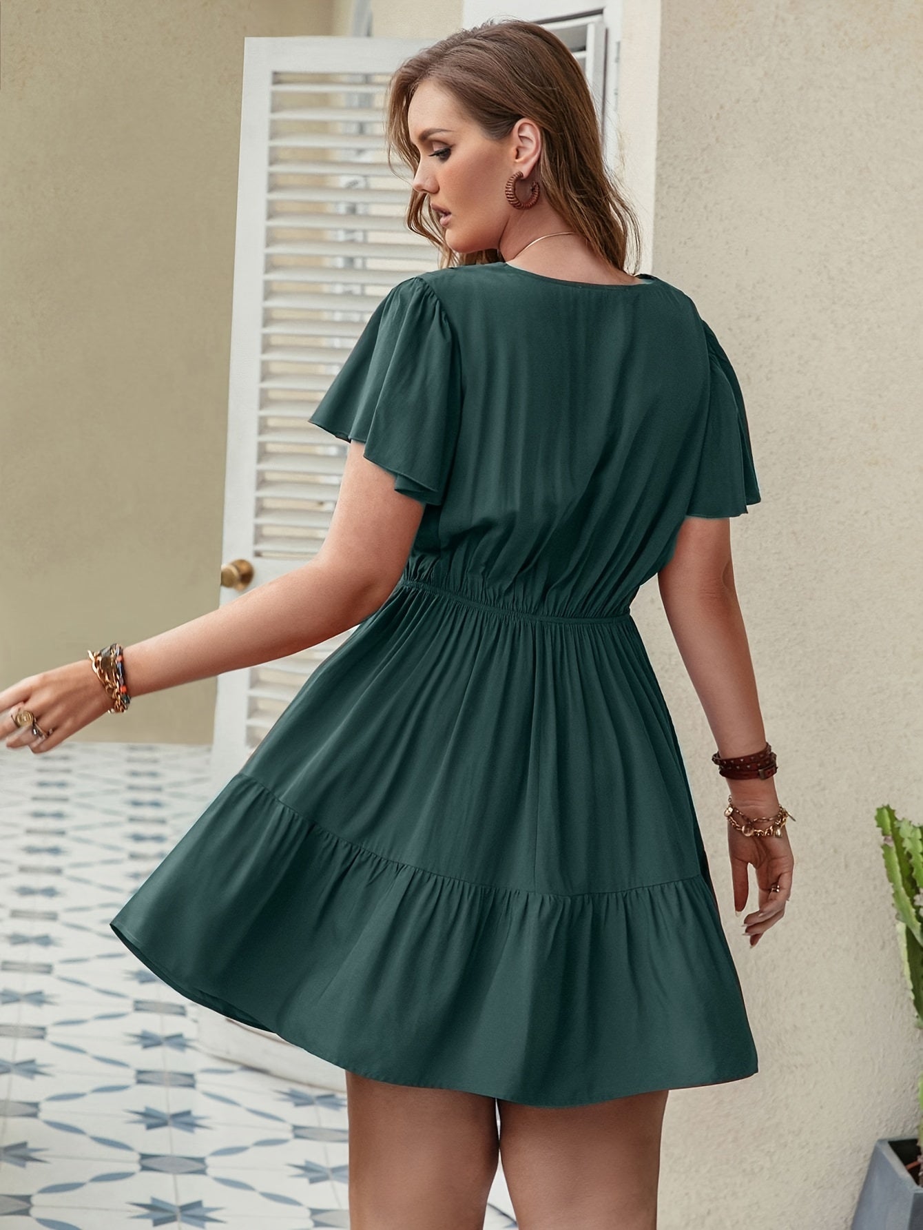  Solid V Neck Mini Smock Dress