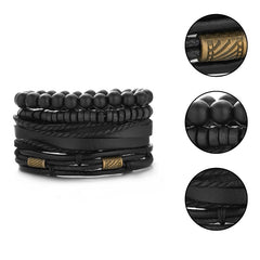 4PC Men's Leather Bracelet Set