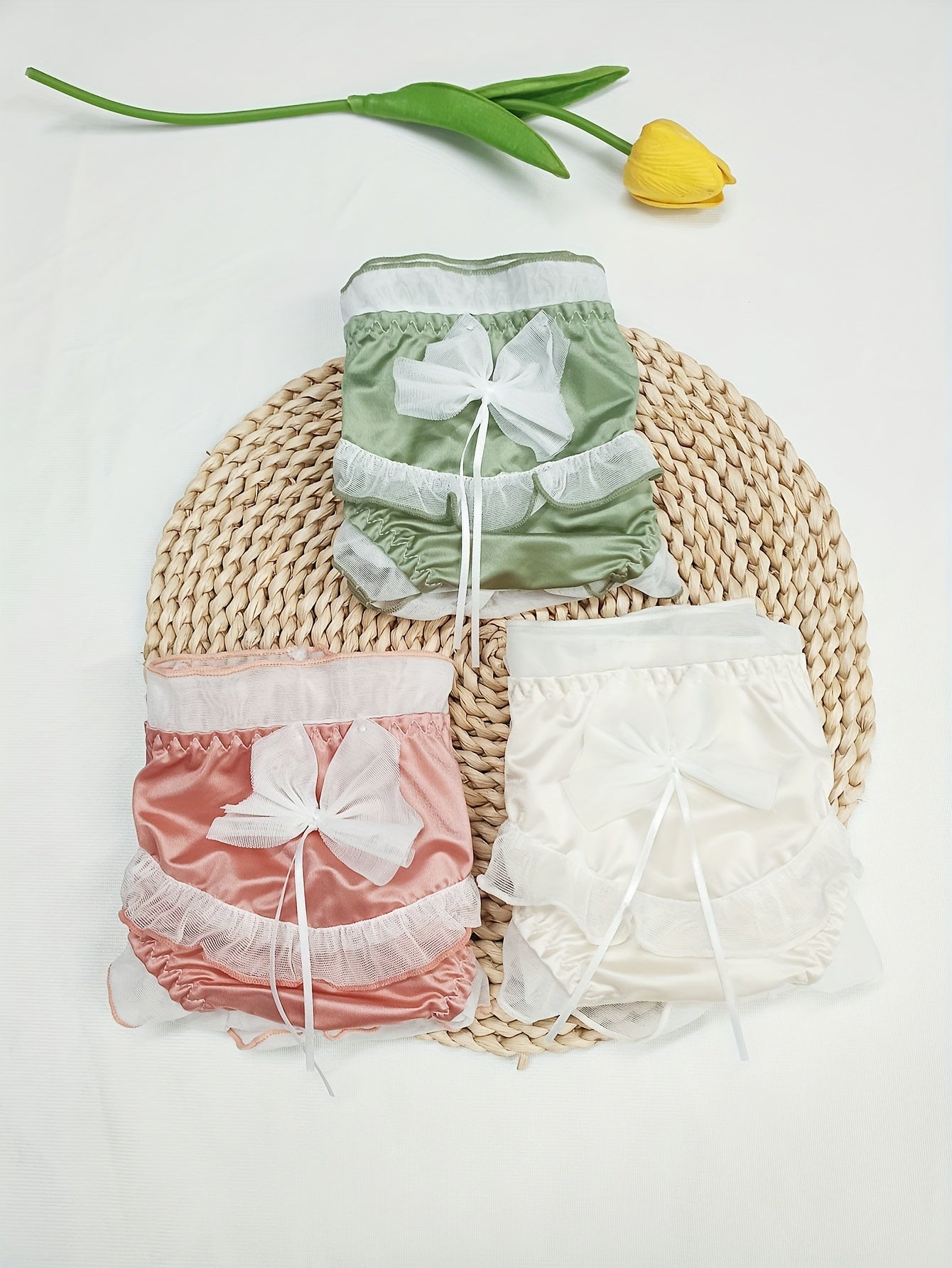 3pcs Mesh Stitching Bow Briefs Comfy & Breathable Underwear