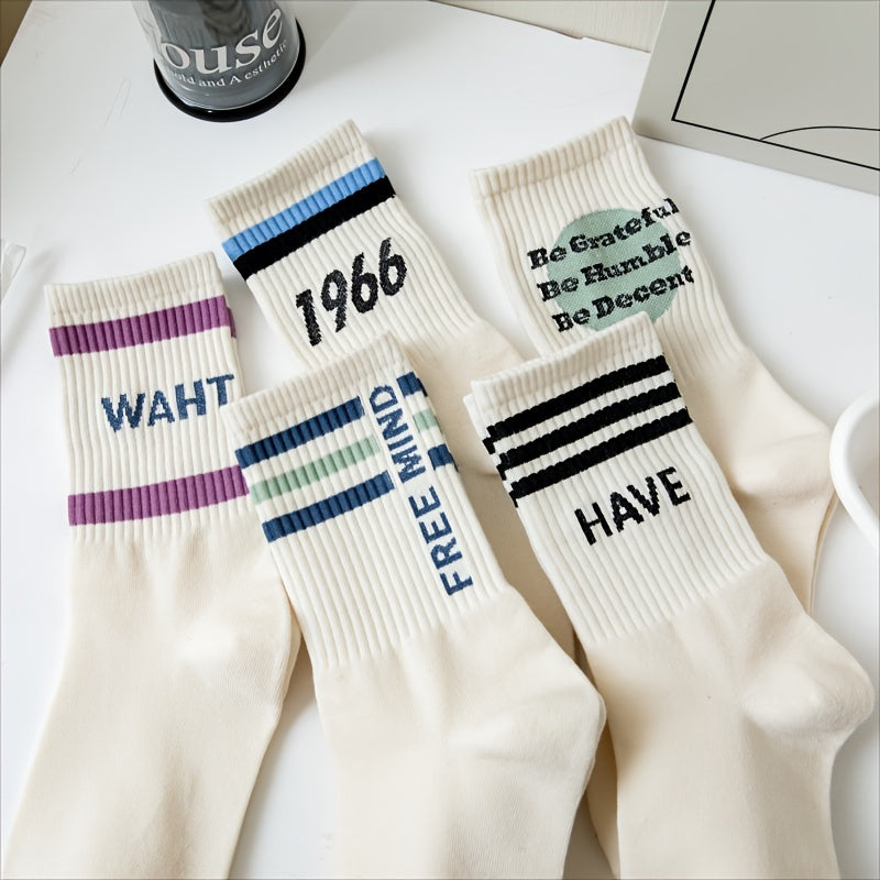 5 Pairs Letter Print Crew Socks for Women