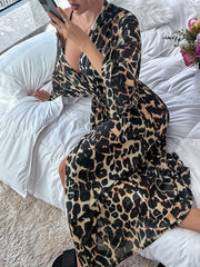 Leopard Mesh Robe Long Sleeve V Neck Belt Women's Lingerie