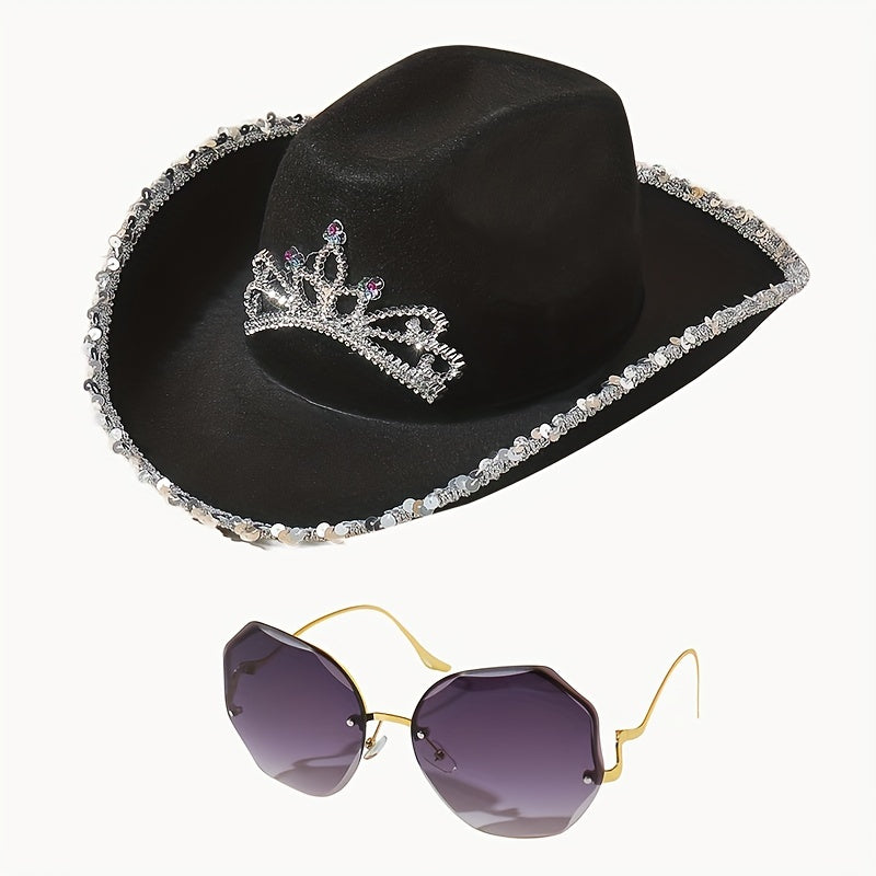 Cowgirl Hat Sunglasses Set with Y2K Fedora Cap & Rimless UV Eyewear