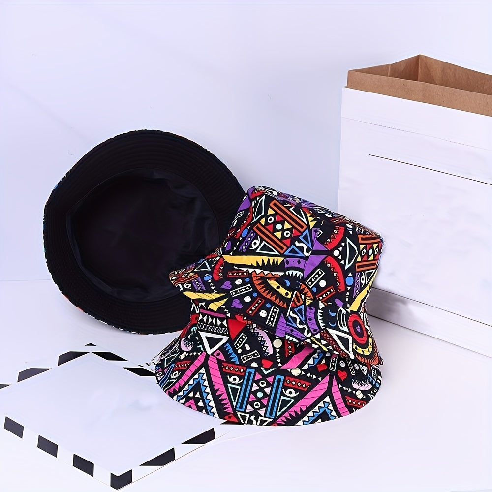 Geometric Pattern Print Bucket Hat Hip Hop Casual Sunscreen Travel Beach Hats