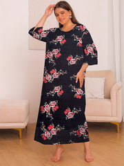  Floral Print Lounge Dress Three Quarter Sleeve Round Neck Nightdress