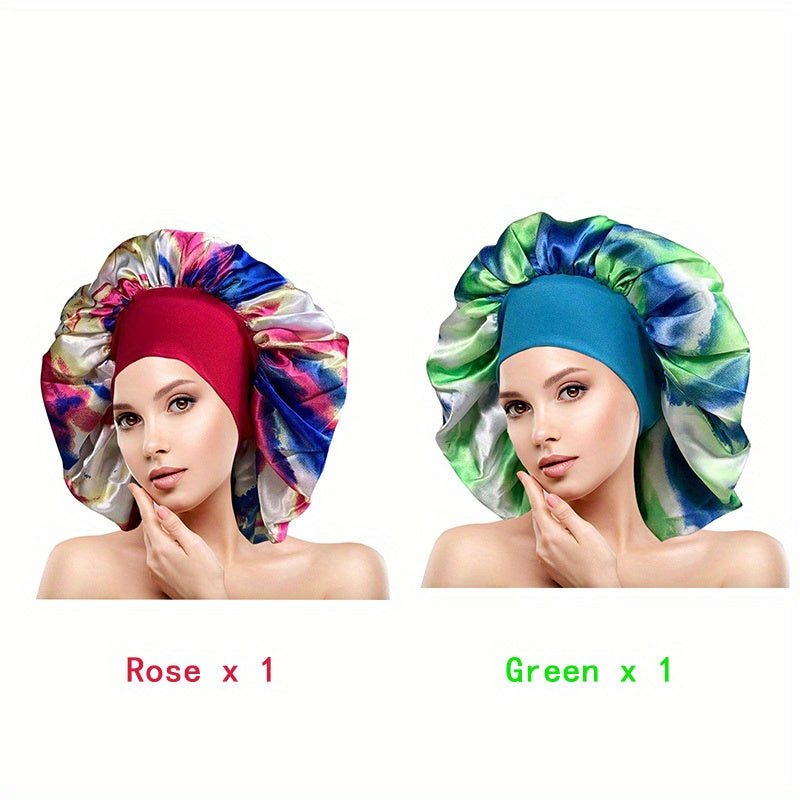 2pcs Colorful Satin Bonnet Oversized Turban Cap Large Elastic Head Wrap
