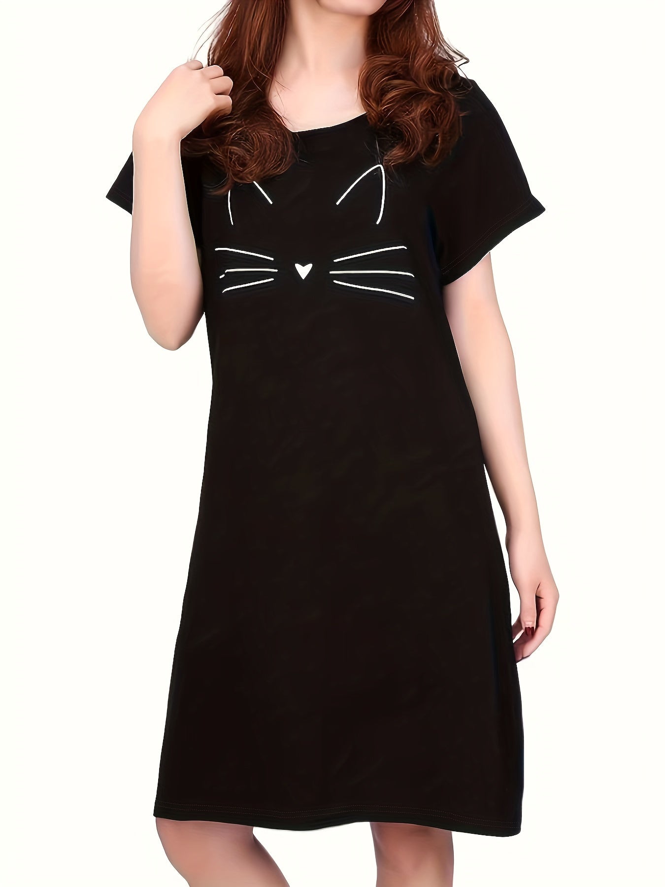 Kitty Print NightDress Short Sleeve Crew Neck Sleepwear Pajama Dress