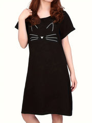 Kitty Print NightDress Short Sleeve Crew Neck Sleepwear Pajama Dress