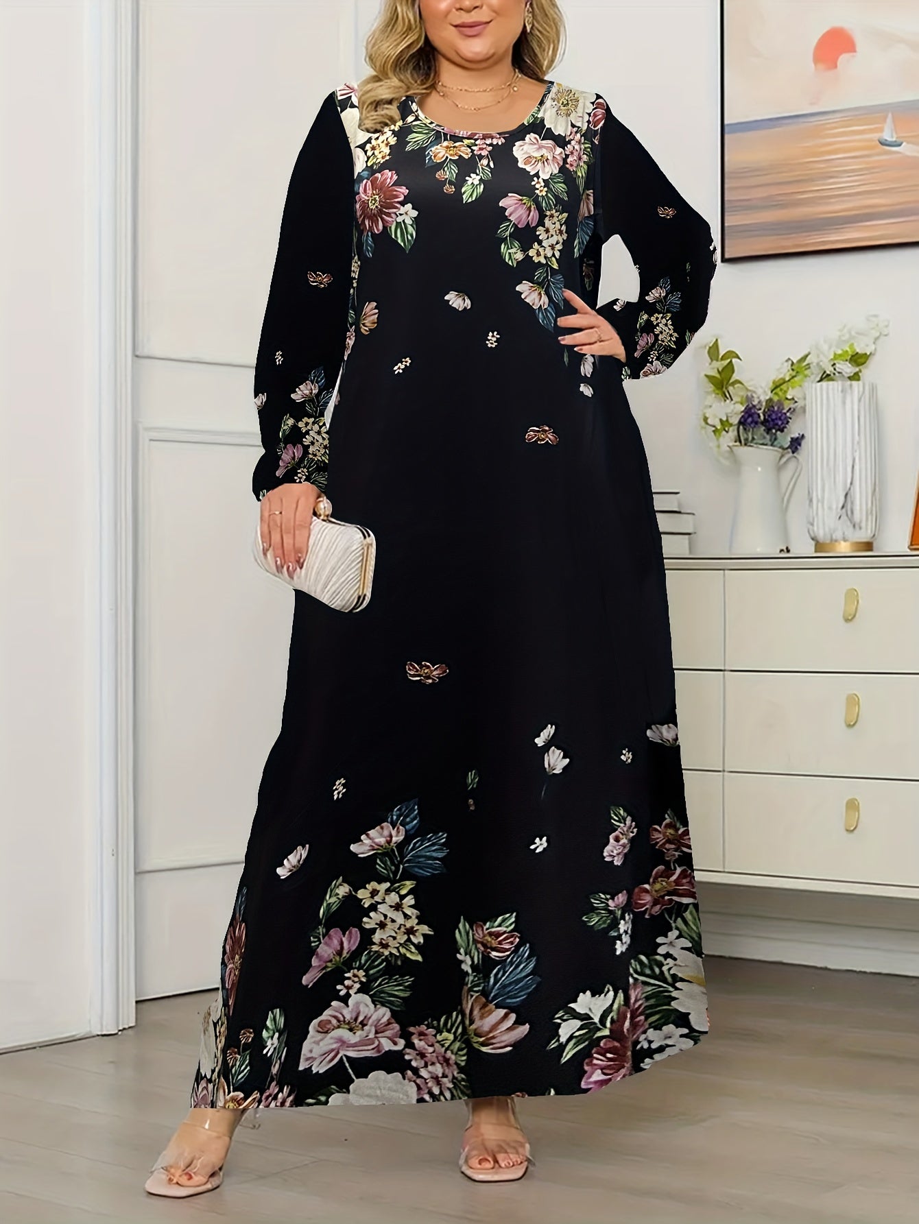  Floral Print Long Sleeve Maxi Dress