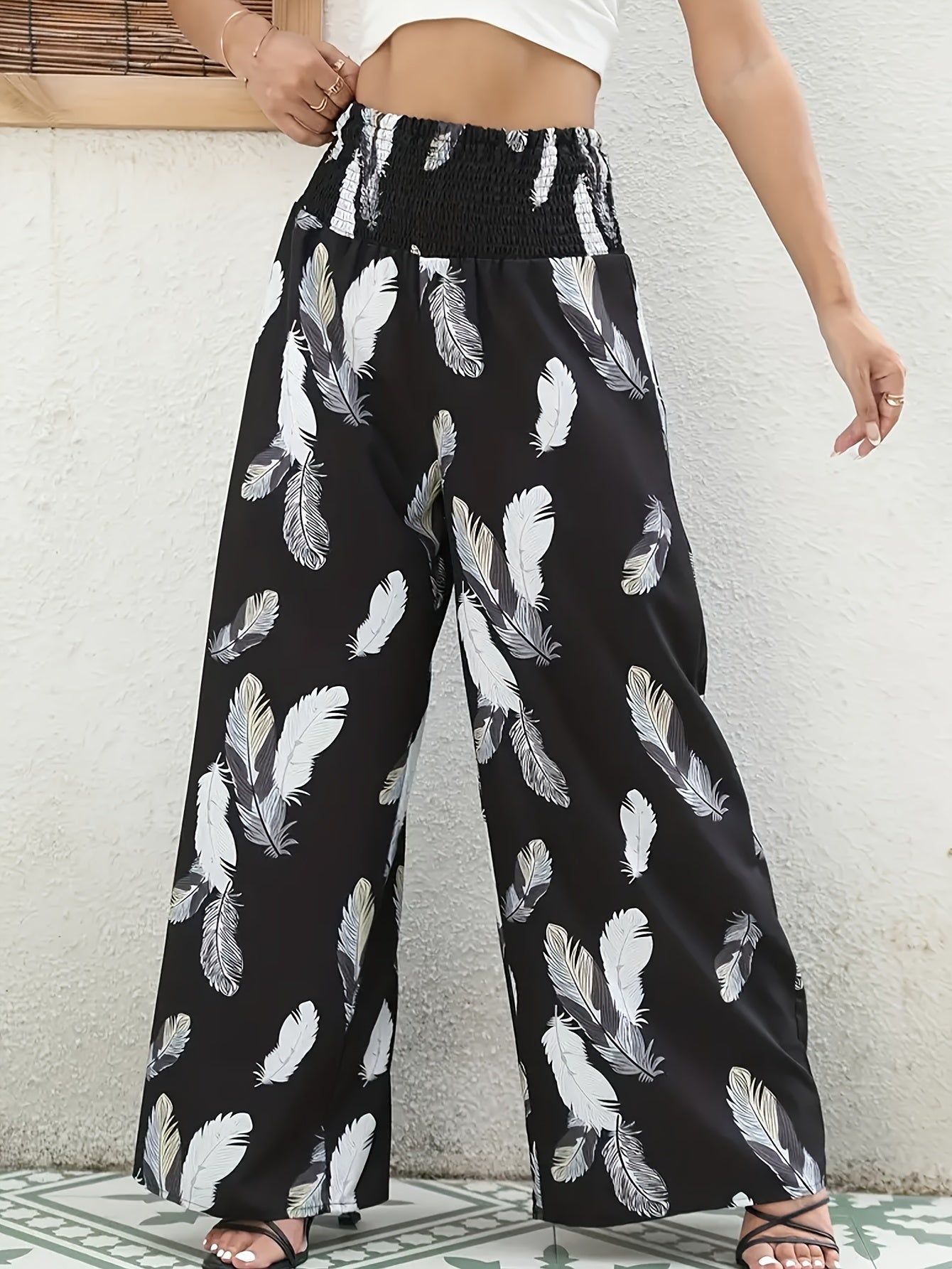  Feather Print Wide Leg Trousers