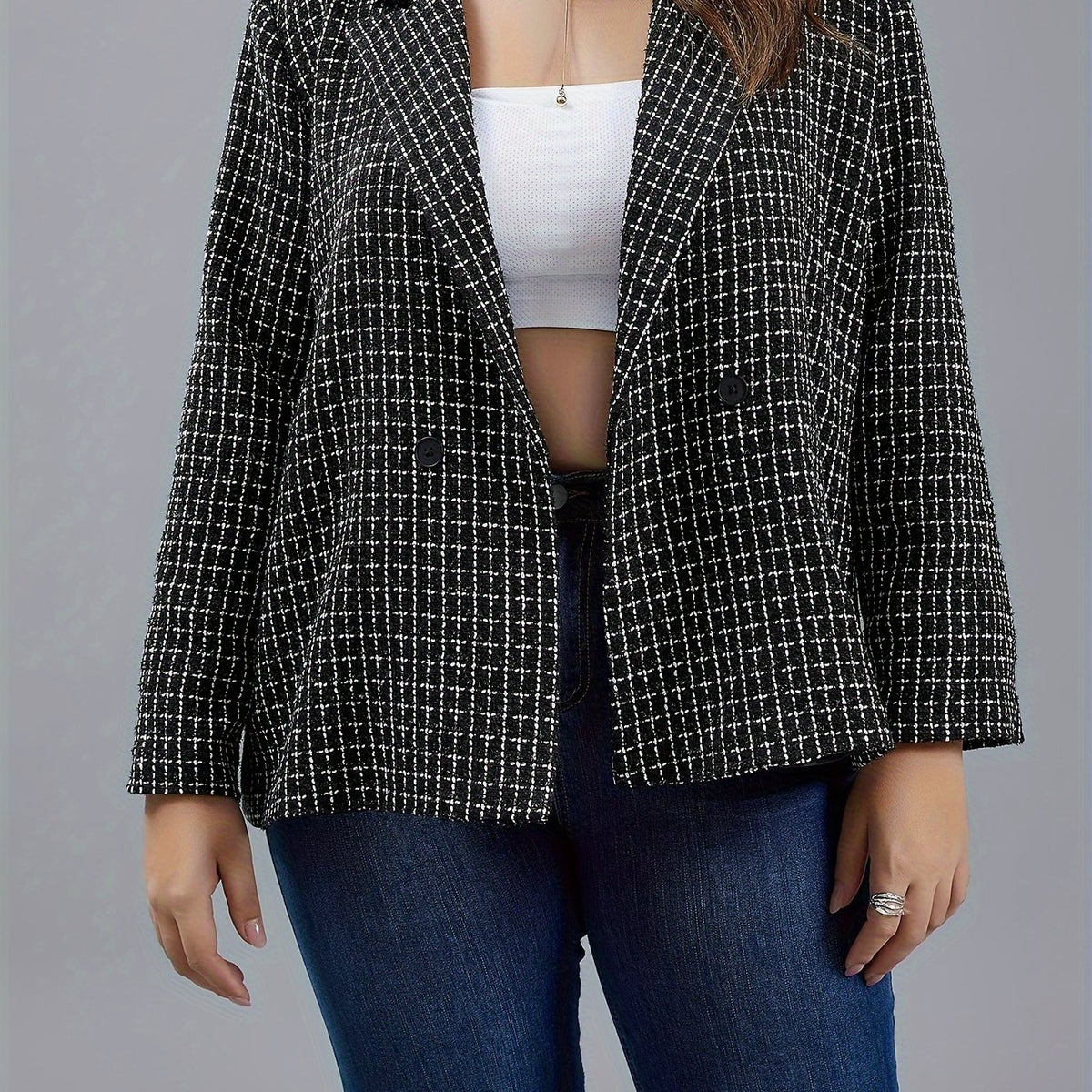  Grid Print Button Lapel Collar Blazer