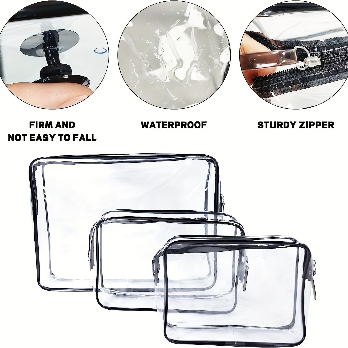 3 Pcs Transparent Inner Bags Zipper Waterproof, Hooks Travel Accessories