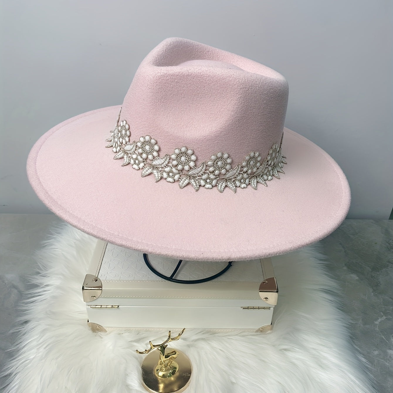Pink Lace Flower Fedora Felt Hat for Women