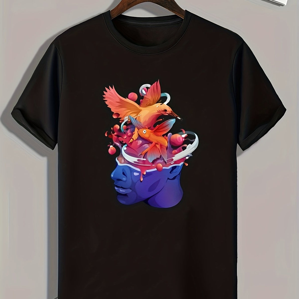 Bird & Statue Print Men's Graphic Tee for Summer