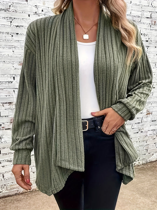  Casual Cardigan Women's Plus Solid Ribbed Long Sleeve Open Front