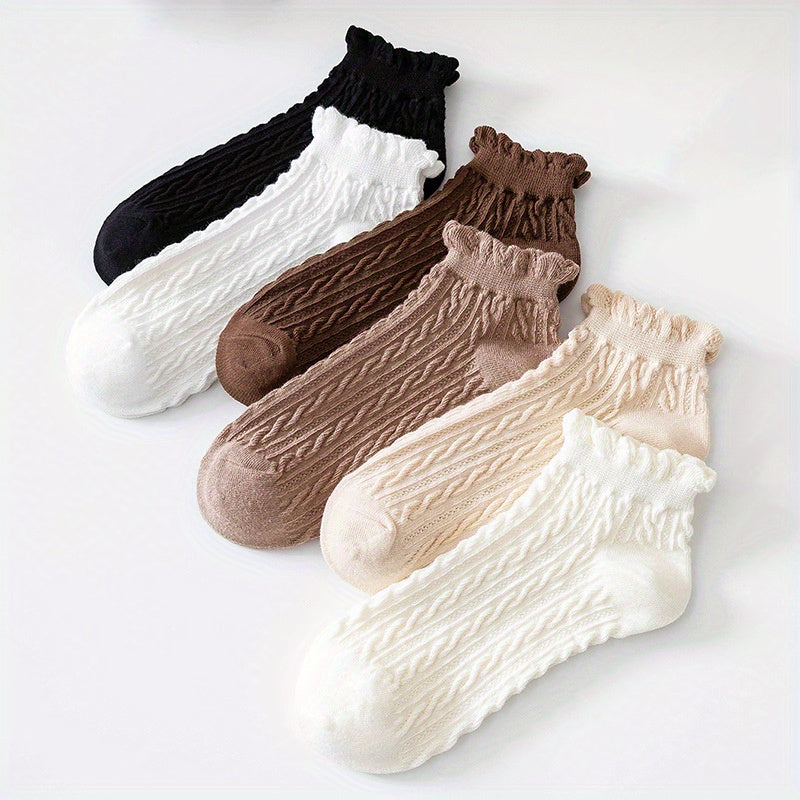 6 Pairs College Style Ruffle Trim Short Socks Women's Stockings