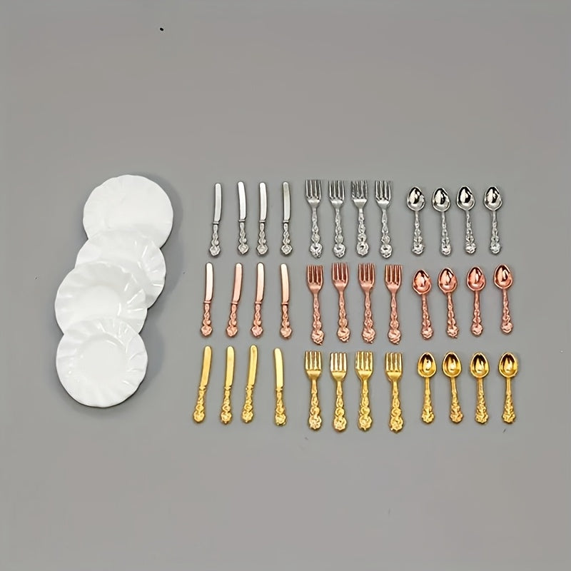 1:12 Dollhouse Plates & 16 Metal Cutlery - Porcelain Plate Set Decoration