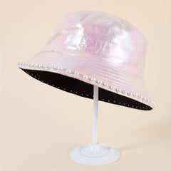 Pink Laser Bucket Hat with Faux Pearl Decor